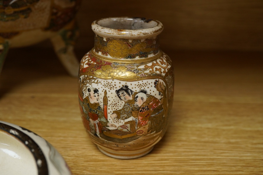 A group of Japanese ceramics to include a Satsuma tripod censer and a miniature Chinese screen, largest 24cm high